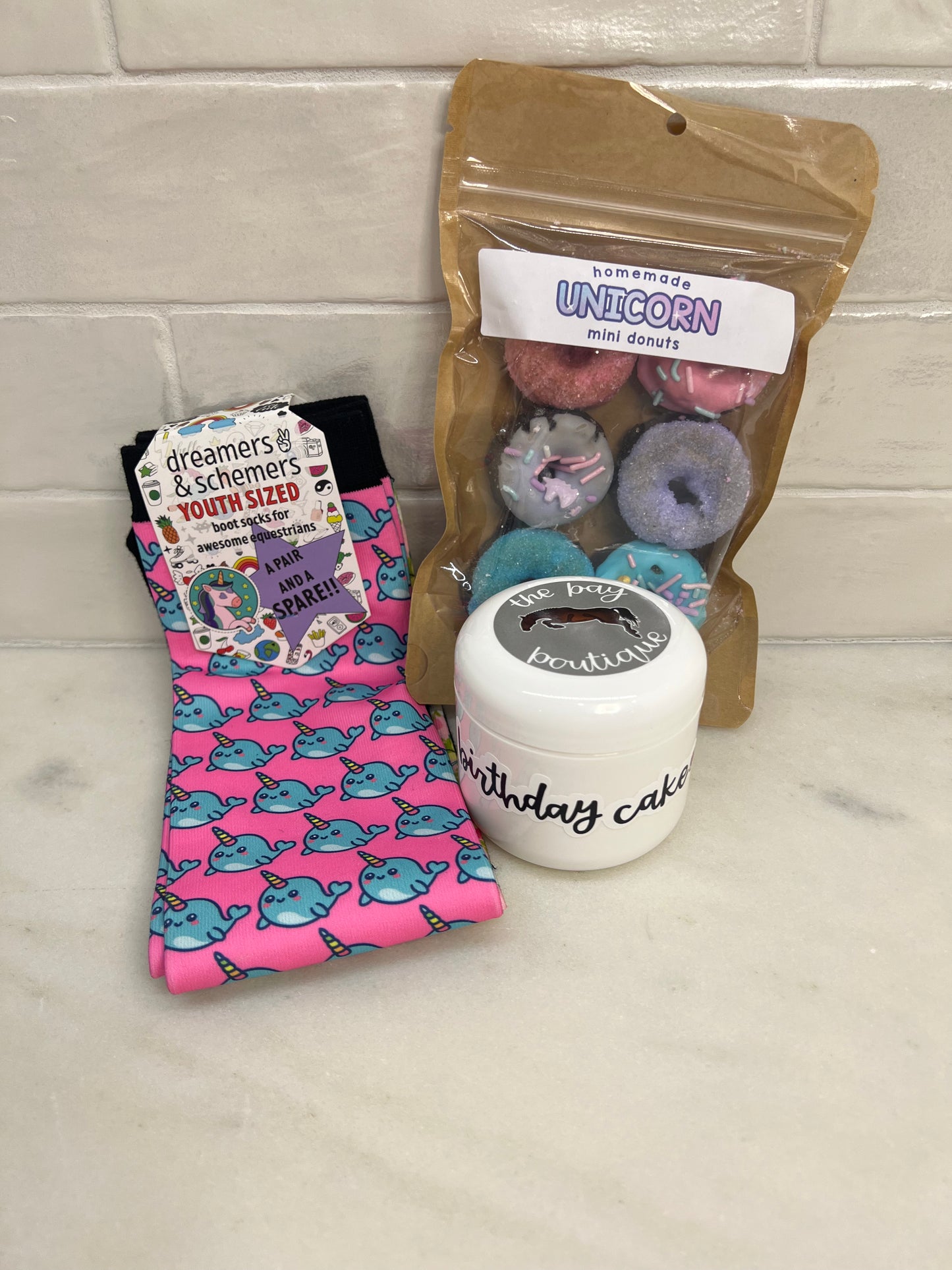 Youth Unicorn balm, sock, and donut set